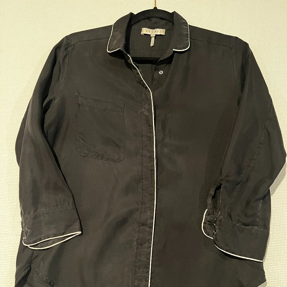Sandro Paris silk Luxury Pajama Style Shirt Top Button Up Black Medium (READ)‎